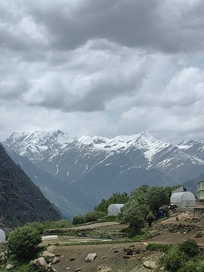 A vertical, eye-level shot captures a valley with snow-capped mountains in the background under a cloudy sky. In the foreground, a rugged terrain with rocks and dry soil is visible, dotted with patches of greenery and a few small, well-maintained agricultural plots. Several greenhouses, resembling white domes, are scattered across the landscape. A steep, dark, rocky mountainside descends from the left. The backdrop is dominated by a range of majestic, snow-covered mountains, their peaks sharp and defined against the gray sky. The overall impression is one of a remote, mountainous region, likely in a rural part of India, given the presence of greenhouses and terraced fields.