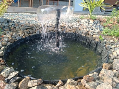 A small, self-contained garden pond features a fountain that produces a translucent dome of water at its apex, with streams of water cascading downwards into the pond. The pond itself is lined with black plastic and surrounded by a border of grey and brown granite rocks. In the background, a structure that appears to be a wooden gazebo or shelter is visible, with gravel on the ground. To the right of the pond, a leafy green plant with long, spiky leaves grows. The scene suggests an outdoor setting, possibly a residential garden, in Alexandrovskoe, Russia, during daylight hours.