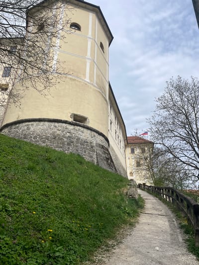 The image shows a partial view of a large, beige-colored building with a cylindrical section and a stone base. The building is located in Skofja Loka, Slovenia, indicated by the Slovenian flag visible atop a section of the building further back. A dirt path with a wooden railing runs alongside a grassy slope adjacent to the building. Bare tree branches are visible in the foreground and partially obscure the building and the sky, which is partly cloudy.