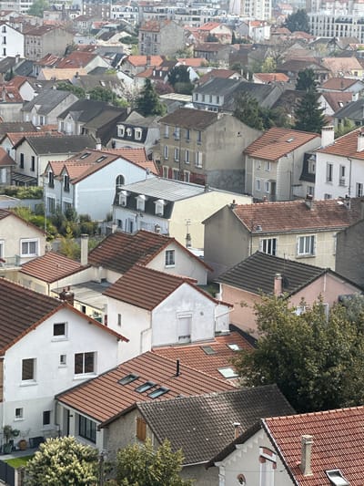 This image presents an elevated, panoramic view of a densely packed residential area in Maisons-Alfort, France. The scene is dominated by numerous two-story houses featuring a variety of architectural styles, predominantly with pitched roofs covered in reddish-brown terracotta tiles. Several roofs exhibit skylights, dormer windows with white frames, or flat sections, such as a silver-colored metallic roof visible in the mid-ground. Building facades display a palette of colors, including white, light beige, pale blue, and light pink, with some windows featuring red, white, or brown shutters. Scattered green trees and bushes are interspersed among the structures, some displaying white blossoms. Chimneys protrude from various rooftops. No individuals, vehicles, or specific activities are discernible within the frame. The overall impression is that of a quiet, established suburban environment under a pale, hazy sky.