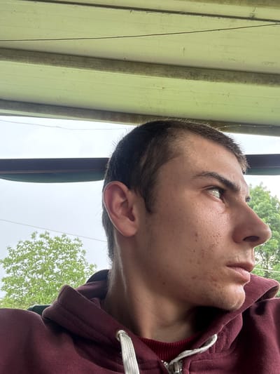 A man with short brown hair, a light complexion, and visible facial pores is seen in a close-up, low-angle shot. He is wearing a maroon hooded sweatshirt with white drawstrings. The background reveals a light green corrugated metal structure and a glimpse of a tree against an overcast sky. The image might be taken in Dabovets, Bulgaria but this cannot be confirmed from the provided image.