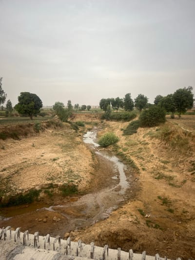 A landscape scene under a cloudy sky, featuring a dry riverbed snaking through arid terrain. Sparse vegetation dots the landscape, with trees lining the horizon and patches of green along the riverbanks. The riverbed contains stagnant, muddy water. A concrete structure with protruding rebar occupies the right edge of the frame. The overall impression is of a drought-stricken area.
