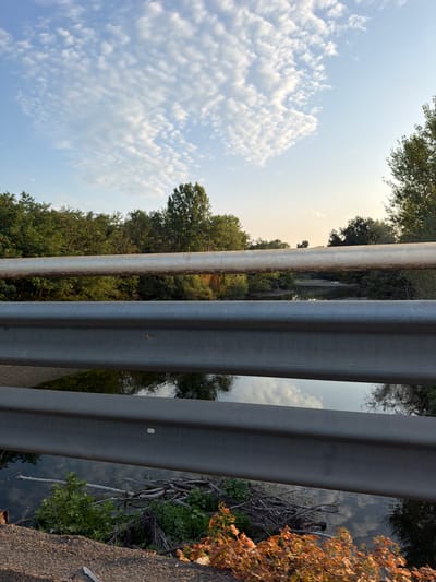 The image depicts a view from a bridge overlooking a calm river lined with lush green trees. The sky above is a clear blue, adorned with scattered white clouds that are beginning to catch the golden hues of what appears to be a sunset or sunrise. Three horizontal metal guardrails are prominent in the foreground, obscuring parts of the view. The river reflects the sky and the surrounding trees, creating a serene atmosphere. On the riverbank, there are visible branches and vegetation. The scene suggests a natural setting, likely in a park or along a scenic route. The specific location in Novara, Italy, is not identifiable from the visual information provided in the image. There are no people or identifiable human activities in the scene.
