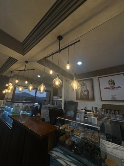 The image displays the interior of a café in Atizapán de Zaragoza, Mexico. The ceiling is light-colored with dark, stepped architectural moldings and features multiple linear black fixtures from which various Edison-style filament bulbs hang, emitting warm amber light. Several recessed white LED lights are also present in the ceiling.

In the foreground to the left, a dark wooden counter extends towards a glass-fronted refrigeration unit displaying wrapped items and a green QR code. To the right, a second glass display case rests on a white marble-patterned counter, containing assorted baked goods, including muffins and pastries, arranged on two shelves. Above this display, three white disposable cups are visible, positioned near a black-framed picture depicting a cat in a suit and tie, and a black computer monitor.

The background features a large window offering a view of a twilight landscape with distant hills or mountains. One person is partially visible behind a service counter in the mid-ground on the left, and another individual is partially visible further back near the window on the right.

Wall decorations include a large framed, monochromatic illustration of an owl wearing a top hat and suit. Adjacent to this, a white rectangular poster displays the "DESPARTA" logo (featuring an owl icon), accompanying text, and a QR code.