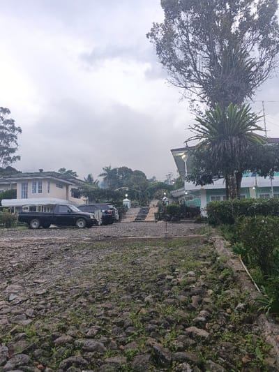 The image depicts an outdoor scene in Kon Ra Kiah, Vietnam, under an overcast sky. The foreground is composed of an unpaved, irregular surface primarily consisting of dark grey rocks interspersed with patches of green weeds and grass.
Two vehicles are visible in the mid-ground. On the left, a black pickup truck with a white canopy over its bed is parked, facing right. Directly behind it and slightly uphill, a dark-colored SUV is also parked.
To the left of the vehicles, a two-story building with a light-colored (likely cream or beige) facade and white-framed windows is partially visible. A white awning-like structure extends from its lower section. To the right, a single-story building with a light green exterior and white trim is visible, featuring a dark roof with an antenna or similar utility structure.
In the center, between the two buildings and behind the vehicles, a series of light-colored concrete steps ascends, flanked by dense green shrubbery and two decorative archways. A tall, large tree with extensive foliage stands prominently on the right side, with a substantial epiphytic fern growing on its trunk. Another tall tree with thinner branches is visible in the upper left. The background consists of dense green foliage, indicating a vegetated environment. A concrete curb runs along the right edge of the rocky foreground, with a thin white pipe or hose resting upon it. No individuals are present, and no actions or interactions are depicted.