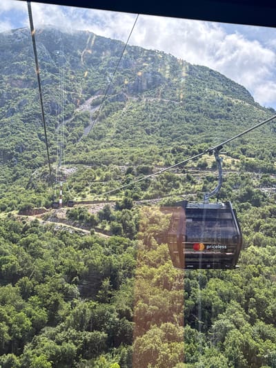 The image captures a scenic view from inside a cable car traversing a lush, mountainous landscape under a bright, partly cloudy sky. The perspective is looking out and slightly downwards, showcasing the extensive green forest covering the steep slopes of mountains, characteristic of the Čavori region in Montenegro.
In the foreground and to the right, another modern cable car cabin is visible, suspended on the cables and moving away from the viewer. This dark-colored cabin features the word "priceless" in white lettering and the distinctive red and orange interlocking circles of the Mastercard logo on its side. Further along the cable line, another cable car cabin can be seen, marked with the number "20" and the manufacturer's name "LEITNER". The sturdy cables supporting the cabins stretch across the frame, disappearing into the distance.
The mountains are densely forested with various shades of green foliage, suggesting a vibrant ecosystem. Patches of rocky terrain are visible among the trees, and what appears to be a narrow track or clearing winds through the forest on the mountainside. The bright daylight indicates a daytime setting, with scattered white clouds in the blue sky above the peaks. Reflections on the cable car window suggest the photo was taken from inside, adding to the immersive feeling of the aerial journey. The scene evokes a sense of elevation and natural beauty.