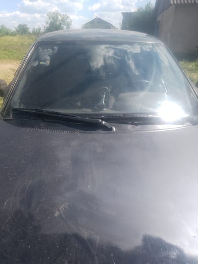 The image shows the front of a dark-colored car parked outdoors. A doll is visible on the dashboard, resting against the windshield. The car's windshield wipers are in their resting position. The scene appears to be in a rural or semi-rural area, possibly on the outskirts of Inhulo-Kamianka, Ukraine, given the presence of unpaved ground, vegetation, and simple rural buildings in the background. The sky is partly cloudy, and the sun is shining, creating reflections on the car's surface.