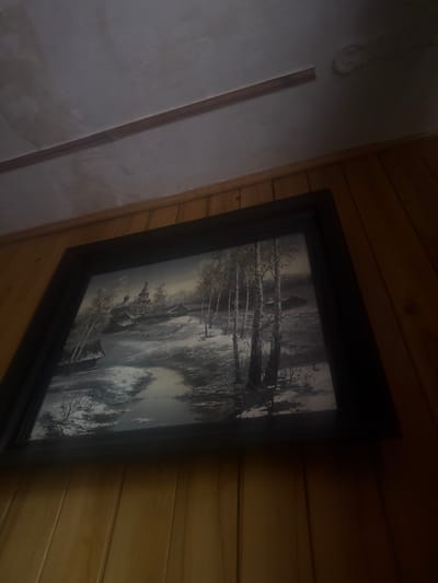 The image shows a framed painting depicting a winter landscape with a village and a church. The painting is hung on a wood-paneled wall. The ceiling above the painting appears to be textured and has some discoloration. A decorative molding is visible on the ceiling. The lighting in the scene is dim, casting shadows and highlighting the textures of the wood paneling and ceiling. The painting itself is detailed, showing bare trees, snow-covered ground, and a body of water that appears to be frozen or partially frozen. The church has a distinctive onion dome, characteristic of Russian Orthodox churches. The overall impression is of a rustic or traditional interior setting, possibly in a home or a small building. There are no people or animals visible in the image, and no specific location information is provided within the visual content itself to suggest it is in Ruzaevka, Russia.