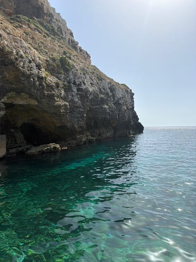 A scenic photograph captures a rugged coastal landscape where a steep rock cliff meets the clear blue-green waters of the Mediterranean Sea under a bright, sunny sky, likely in Mellieħa, Malta.
The image is visually divided, with a massive, textured rock cliff dominating the left side, stretching upwards towards a brilliant light blue sky. The sky itself is clear and bright, featuring a visible sunflare in its upper left quadrant, indicating strong daylight. The cliff face is a mix of grey and brown hues, displaying weathered surfaces and intricate rock formations. Patches of vibrant green vegetation cling to its crevices and ledges, adding life to the otherwise barren rock. At the base of the cliff, where it meets the water, a dark, cavernous opening suggests a sea cave or grotto.
On the right side of the frame, the calm, sparkling sea stretches towards a distant horizon. The water exhibits remarkable clarity and a striking color gradient, transitioning from a deep emerald green close to the cliff, suggesting depth or rich underwater life, to a lighter, clearer blue further out. The surface of the water is gently rippled, reflecting the intense sunlight in countless shimmering patterns and star-like highlights across its entire expanse. The overall scene evokes a sense of tranquil natural beauty. There is no visible text or any people present in the photograph.