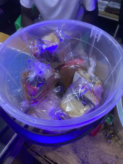 The image shows a clear plastic container filled with food items, possibly slices of cake or bread, individually wrapped in clear plastic bags. The container is round with a wide rim, and it appears to be made of translucent plastic. The food items inside are of various colors and textures, with some showing what appears to be fruit or dark swirl patterns. The lighting in the image is predominantly blue, likely from an artificial light source, which casts a cool tone over the scene and highlights the plastic packaging.
The background of the image is dark and somewhat out of focus, with some hints of shelves, other objects, and a wooden surface. The overall scene suggests an indoor setting, possibly a kitchen or storage area. There are no people visible in the image.
The activity or event taking place is implied to be storage of food. The way the items are individually wrapped suggests preparation for later consumption, gifting, or preservation.
Notable details include the blue lighting, which creates an artificial and somewhat dramatic atmosphere. The texture of the wooden surface in the background is also visible. There is no discernible time of day or weather information from the image. The location context of Barakin, Nigeria, does not provide specific visual cues in this particular image, as the focus is on the container and its contents.
There is no visible text in the image.