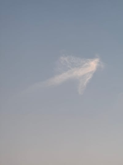 The image is a photograph of a cloud formation in a pale blue sky. The cloud is wispy and elongated, with a brighter, more illuminated section towards the right side, giving it an appearance of a stylized arrow or a bird in flight. The sky is clear, with a subtle gradient from a lighter shade at the bottom to a darker shade towards the top. There are no discernible features of the city of Mejaniga, Italy visible in the image. The photograph appears to have been taken during daylight.