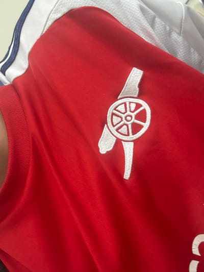 This is a close-up, high-angle shot of a person wearing a red shirt with a white embroidered crest. The crest appears to be a cannon. The shirt has white and blue stripes on the shoulder area. The fabric of the shirt has visible texture and is draped, indicating it is being worn. The background is blurred and out of focus, but suggests an indoor setting. The location of Satovcha, Bulgaria, is not visually evident in the image.