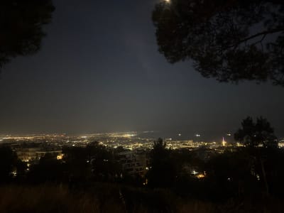 The image depicts a nighttime aerial view of a coastal city, likely Athens, Greece. The foreground is dominated by the dark silhouettes of trees and dry vegetation, creating a natural frame for the urban landscape beyond. The city lights stretch across the horizon, a sprawling tapestry of yellow and white illumination, hinting at the density and activity of the urban area. In the middle ground, several buildings are visible, some with illuminated windows, suggesting residential or commercial structures. Further in the distance, the sea is discernible as a dark expanse, dotted with the lights of ships. A prominent, brightly lit structure, possibly a church or monument, stands out with a purple-hued light atop it, adding a distinctive focal point to the cityscape. The sky is dark, with the faint glow of a moon or distant city haze contributing to the overall nocturnal ambiance.