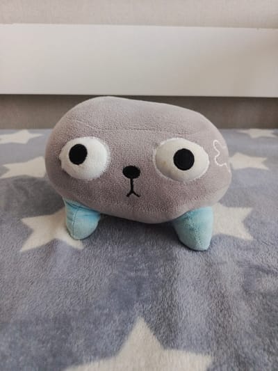 The image shows a close-up of a gray, plush toy with large, white, circular eyes and black pupils. The toy has a small black nose and a simple black mouth that is a vertical line. It has light blue feet. The toy is resting on a gray blanket with white stars. In the background, a portion of a white, flat surface is visible, possibly a shelf or a wall. The lighting is neutral. The image is taken from a slightly elevated, frontal perspective. The location in the city of Biaroza, Belarus, is not determinable from the provided image.