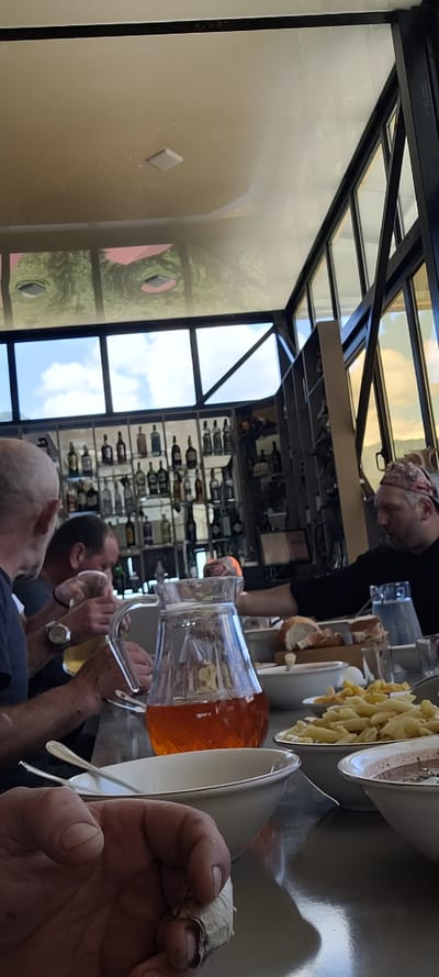 In Milisi, Georgia, a group of men are seated at a table inside a restaurant. A man on the left, bald, wears a dark blue shirt and a watch. Next to him, a man with short brown hair holds a clear pitcher filled with an amber liquid. In the foreground, a white bowl contains what appears to be a pinkish-brown stew or soup, with a metal spoon inside. To the right, a white bowl holds pasta, possibly penne. Behind the pasta, a white bowl contains bread. Another white bowl is visible, mostly obscured. A man on the right wears a black long-sleeved shirt and a camouflage bandana. He appears to be reaching for something on the table. The restaurant features a bar with numerous bottles behind the patrons, and large windows showing a bright sky with clouds. The ceiling has a reflective surface with a large graphic of an eye. The table surface is dark and reflective. A person's hand is visible in the lower right corner, holding a peeled garlic clove.