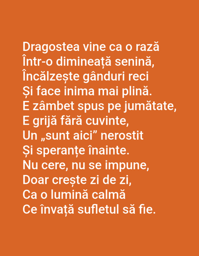 The image displays a poem written in white text against an orange background. The poem is in Romanian. There are no people, city locations, or any other discernible elements in the image.