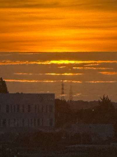 The image depicts a sunset over a cityscape, with the sky dominated by vibrant orange and yellow hues. Horizontal bands of clouds create a layered effect, with the sun's glare subtly visible between them. In the foreground, a low-rise building with a dark facade and a series of rectangular windows is visible. To the right of the building, silhouetted trees and what appear to be two electricity pylons stand against the horizon. The overall scene suggests an urban or suburban environment at dusk. The image may have been taken in Zaventem, Belgium, given the context.