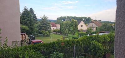 This image depicts a backyard scene in a residential area, likely in Říčany, Czechia. The time of day appears to be early morning or late afternoon, given the soft, diffused light and the presence of pale clouds in a blue sky. The weather seems mild and pleasant.
The foreground is dominated by a dense, well-maintained hedge of evergreen bushes, with a chain-link fence running along its base. To the left, the textured, light-colored wall of a building is visible, along with some green foliage.
In the middle ground, a neatly mown lawn is bordered by various trees and shrubs, including tall evergreen conifers and deciduous trees. There is a red car parked on the grass, partially covered with a blue tarp, and some stacked lumber next to a small shed or outbuilding. A traditional well pump stands on the lawn.
Further back, several houses with tiled roofs are nestled amongst the trees, characteristic of a European village or suburban setting. The architecture suggests a domestic, lived-in environment. Beyond the houses, a line of dense trees forms a natural backdrop, with rolling hills visible in the distant landscape.
There is no visible text in the image. The overall mood is peaceful and tranquil, conveying a sense of quiet suburban life surrounded by greenery. The scene is static, with no people or animals visible, and no specific activity taking place other than the implied presence of daily life in the associated homes.