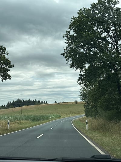 The image depicts a rural roadside scene in Oberpierscheid, Germany. A paved road curves to the right, with white dashed lines marking the lanes. On the left side of the road, a field of tall green crops, possibly corn, borders a grassy slope dotted with trees. A solitary wooden utility pole stands in this field. On the right side of the road, a dense line of trees lines the verge, with taller trees framing the right edge of the image. The sky above is overcast with a thick layer of grey clouds. Two white roadside markers with black rectangles are visible, one on each side of the road, indicating the edge of the roadway. The foreground shows the lower edge of what appears to be a vehicle's dashboard or windshield. The overall environment suggests an agricultural or countryside setting under a cloudy sky.