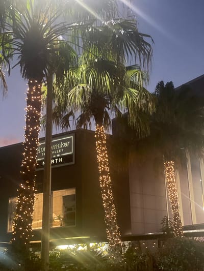 This image depicts palm trees wrapped in string lights in front of a building. A sign on the building reads "Homemaker The Valley North". The scene is illuminated by a mix of ambient light and the string lights, creating a festive atmosphere. The sky is dark blue, indicating it is likely evening or night. The overall setting suggests an urban environment, possibly a commercial or entertainment district, given the presence of a sign and modern building architecture. The location is specifically identified as The Valley, Brisbane, Australia.