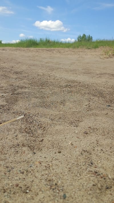 This low-angle photograph depicts an outdoor environment in the city of Шолья, Russia, under a bright, clear sky. The immediate foreground is dominated by light brown granular sand, interspersed with small pebbles, displaying subtle undulations across its surface. A light-colored, slender stick or piece of straw is positioned on the sand in the lower-left. A narrow band of darker, unpaved ground separates the foreground sand from a distant, lush green embankment or horizon, covered with tall grasses and punctuated by a cluster of darker green foliage or small trees on the right. The upper third of the image is occupied by a vivid blue sky, featuring several distinct white cumulus clouds, with one prominent cloud situated centrally. No human subjects, animals, or artificial structures are present within the visible frame.