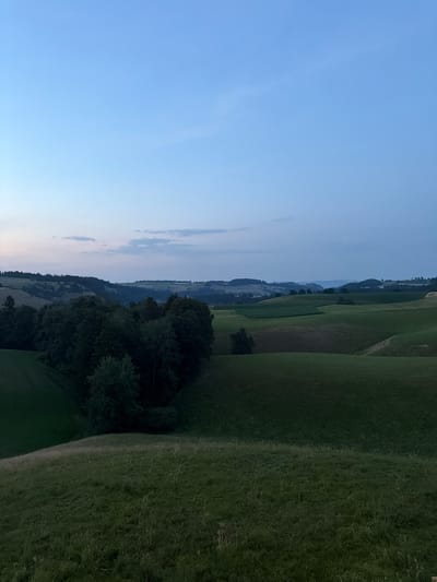 The image shows a landscape in Ufhusen, Switzerland, at dusk. The sky is a gradient of light blue at the top, transitioning to a lighter, pale blue near the horizon, with wispy clouds visible. The foreground consists of rolling green hills covered in grass. In the mid-ground, there is a dense cluster of dark green trees. Further in the background, more rolling hills are visible, dotted with patches of green fields and some trees. The overall lighting suggests it is either sunrise or sunset, with the landscape bathed in soft, natural light. There are no people or animals visible in the image. The environment is rural and appears peaceful.