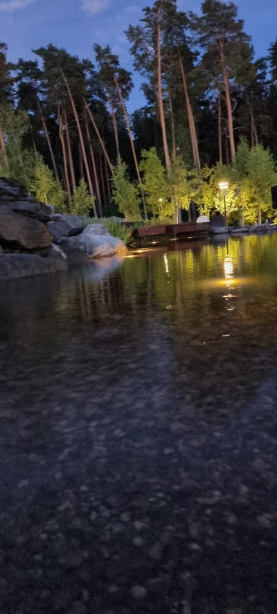 The image depicts a tranquil twilight scene at a pond or water feature within a park or landscaped area, possibly in Barvikha, Russia. Tall, slender pine trees dominate the background, their silhouettes stark against a deep blue sky with faint clouds. The trees are illuminated from behind by a soft, ambient light, suggesting it is either dusk or the area is artificially lit.

In the mid-ground, a wooden bench or seating area is partially submerged at the edge of the water. Subtle, warm-toned lights are embedded around the bench, casting glowing reflections on the rippling surface of the water. To the left, a rocky embankment with large, gray stones borders the water. The water itself is dark, with its surface broken by gentle waves, creating shimmering reflections of the trees and lights. The foreground consists of the textured bottom of the pond, visible through the clear water, composed of small pebbles and stones. There are no people prominently visible in the frame, contributing to the peaceful and serene atmosphere of the scene. The overall impression is one of a beautifully illuminated natural setting at the end of the day.