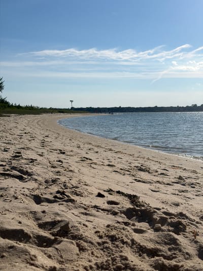 This image depicts a serene beach scene in Hampton Bays, United States of America. The foreground is dominated by a textured expanse of sandy beach, showing footprints and natural undulations in the sand. The gentle waves of a body of water lap at the shoreline, reflecting the bright, clear blue sky dotted with wispy white clouds.
In the middle ground, a curved shoreline is visible, backed by a line of lush green trees and vegetation. A distinctive tall, slender structure, possibly a navigational marker or a bird's nest structure, stands prominently on the horizon. A few distant figures can be seen enjoying the beach and water, their presence subtle against the vastness of the landscape. The overall atmosphere is one of tranquility and natural beauty, bathed in the warm light of what appears to be a sunny day.