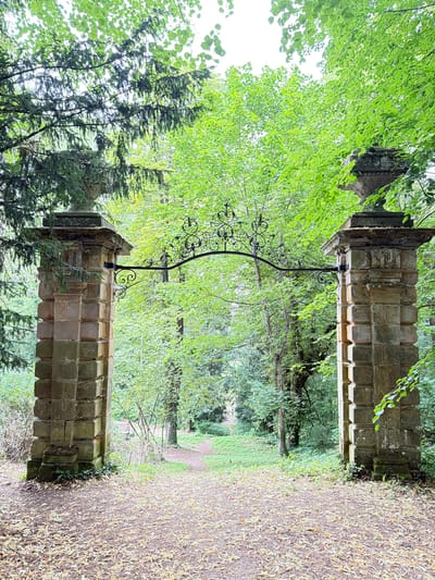 An ornate, weathered stone archway stands sentinel in a wooded area, framing a path that recedes into the distance. The archway is composed of two large, square stone pillars, each topped with a decorative urn. A wrought-iron arch, embellished with intricate scrollwork, connects the tops of the pillars. The pillars themselves are constructed from stacked, rough-hewn stone blocks, showing signs of age and erosion.

The surrounding environment is a dense forest with lush green foliage. Sunlight filters through the leaves, dappling the ground and path. The path is covered with fallen leaves, suggesting an autumn or late summer setting. The overall impression is one of old-world charm and natural beauty. The location of this archway is the historic entrance to the "Märzengrund" in Heiligenstadt i. OFr., Germany.