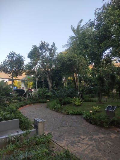 This image depicts a lush, verdant park or garden situated in Rawa Burung, Indonesia, under a clear, light blue sky. A winding pathway, constructed from irregularly shaped dark-grey flagstones, traverses the scene, originating from the lower left and curving towards the upper right. The path is flanked by dense vegetation, including mature trees with expansive canopies, various shrubs, and manicured ground cover, creating shaded areas.

In the lower left foreground, a grey concrete structure, appearing to be a bench or planter, displays partial text including "ANGAN" and "DON'T SE", suggesting a cautionary message. Immediately adjacent is a metallic utility box or bollard, marked vertically with the Indonesian word "AWAS" (Caution). Scattered along the pathway and within the grassy areas are several modern, low-profile pathway lights emitting a warm yellow glow. In the lower right foreground, a dark, rectangular panel on a metallic stand, possibly a solar power unit or informational display, features circular icons.

In the mid-ground on the left, a road is visible with a dark-colored car and a red car. Behind these vehicles, a white architectural structure, possibly an entrance gate or overhead pass, features green signs with yellow lettering, one partially legible as "GATES". The remainder of the background is characterized by dense foliage, with hints of additional structures obscured by the trees. No individuals are present within the scene. The lighting indicates daytime conditions, with natural light illuminating the environment, creating varying degrees of shadow beneath the tree canopy.