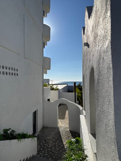 The image shows a narrow, sun-drenched pathway between two white stucco buildings in Süleymanpaşa, Turkey. The building on the left has a textured white wall with a series of circular perforations and protruding balconies. The building on the right has a rougher, textured white stucco finish and features arched openings and crenellated top edges. The pathway is paved with interlocking square stones in shades of gray and tan, and a curved, white stucco wall borders the right side of the path, leading towards an arched entryway. Lush green plants are visible in planters along the left side of the pathway and in a planter area further down the path, where stalks of tall grass are also present. In the background, beyond the buildings and foliage, a calm blue sea stretches to the horizon under a clear, bright blue sky. Sunlight casts strong shadows, highlighting the architectural details and textures of the buildings.