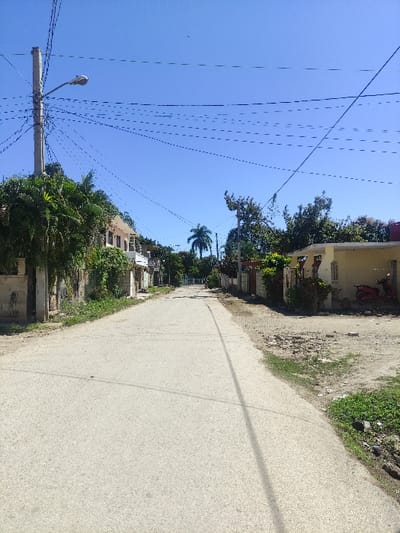 A straight asphalt road runs through a tropical neighborhood under a clear blue sky. Lush green vegetation and houses line both sides of the road. A palm tree stands tall in the distance. Utility poles with multiple wires crisscross the sky on the left. The road appears slightly angled in the frame.