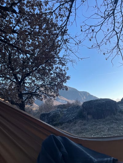 A first-person view from inside a beige fabric hammock, situated in the Montan an der Weinstraße - Montagna sulla Strada del Vino region of Italy, frames a natural landscape. The lower right portion of the hammock contains a subject's legs, covered by dark blue/grey fabric. Beyond the hammock, the midground features sparse, dry vegetation, scattered grey boulders, and a prominent large, dark, moss-covered rock formation on the right. To the left, a large deciduous tree with dark branches and numerous dried brown leaves partially obscures the view. In the background, sunlit mountains rise under a clear blue sky, with a visible white contrail from an aircraft in the upper right. The environment indicates a late autumn or early winter setting.