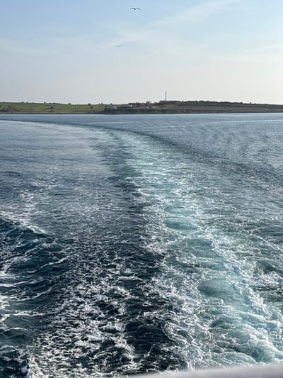 A maritime scene is observed from the stern of a moving vessel, likely in the waters near Kamariotissa, Greece. The immediate foreground is dominated by the ship's wake, a turbulent trail of white foam and agitated light blue water contrasting with the deeper blue-green surrounding sea. This wake curves gently from the bottom center towards the left-midground, receding into the distance. A partial white railing is visible along the bottom right edge of the frame, indicating the vantage point. The midground consists of the open sea under a clear, light blue sky. In the distant background, a low-lying landmass stretches horizontally across the horizon. This landmass features areas of green vegetation, scattered dark trees, and a cluster of small, light-colored buildings or structures, consistent with a coastal settlement or port area. A prominent tall, slender, dark-colored tower, possibly a telecommunications mast or lighthouse, stands on the right side of the landmass. Two dark, small avian subjects are visible in flight against the upper left sky.