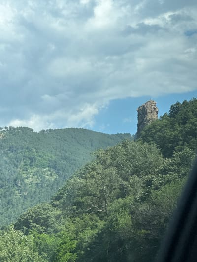 This vertical landscape image, when viewed in its correct orientation, captures a majestic natural scene in Stara Kresna, Bulgaria. The primary subject is a distinctive rock formation, perched prominently at the crest of a densely forested mountain ridge, strikingly resembling the head of a bird or a prehistoric creature, known locally as "Kukuvička" (The Cuckoo).
The mountain itself is covered in a lush, verdant canopy of trees, displaying various shades of green foliage that extend down the slopes. Above the mountain, the sky is a light blue, adorned with scattered white and grey clouds, indicating fair weather during the daytime. The lighting suggests it's either morning or afternoon, with ample sunlight illuminating the intricate details of the rock formation and the rich textures of the surrounding trees. No human activity or individuals are visible, contributing to the tranquil and unspoiled ambiance of the natural environment. The image emphasizes the geological wonder and the rich biodiversity of the region. There is no visible text in the media file.
