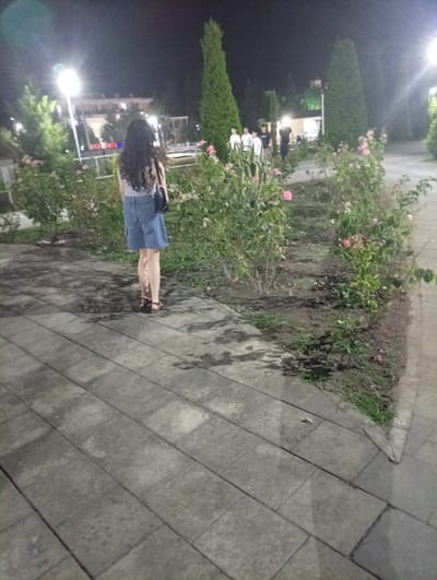 A person, viewed from behind, stands on a tiled walkway at night in Rudəkənar, Azerbaijan. The individual wears a grey top and denim shorts, with a black purse slung over their shoulder. They are facing away from the camera, towards a garden area with rose bushes and tall, conical trees. In the background, several other individuals, predominantly male, are walking on a path illuminated by streetlights. Buildings are visible further in the distance. The ground appears damp, with reflections from the lights.