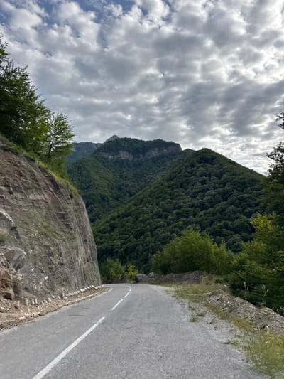 The image depicts a scenic mountain road in the vicinity of Raško, Montenegro. A paved road with a white line marking the center curves towards the right. To the left of the road, a steep, rocky cliff face is visible, reinforced with a wire mesh system. Lush green trees and dense forests cover the rolling hills and mountains that dominate the background. The sky is overcast with dramatic, gray clouds, suggesting a potentially moody or changeable weather day. There are no people or animals visible in the image, focusing the scene entirely on the natural landscape and the road infrastructure.