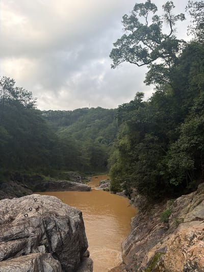 This is a vertical, medium-angle, outdoor, daytime, scenic photograph of a jungle river. The river water is a muddy, brownish-orange color and flows through a rocky gorge. The left side of the foreground is dominated by a large, grey, textured boulder with three small, dark, ring-like objects embedded in its surface. Beyond the boulder, the river curves to the right, bordered by more rocks and lush green trees. The right side of the image features a steep, rocky embankment covered in dense green foliage and trees. The middle ground shows the river continuing its flow, narrowing as it moves further into the distance. The background consists of a heavily forested, rolling hillside covered in pine trees, leading up to a hazy, overcast sky. There are no people or animals visible in the image. The scene depicts a natural environment likely located in or near Păng Tiêng 1, Vietnam, characterized by its rugged terrain and dense vegetation.