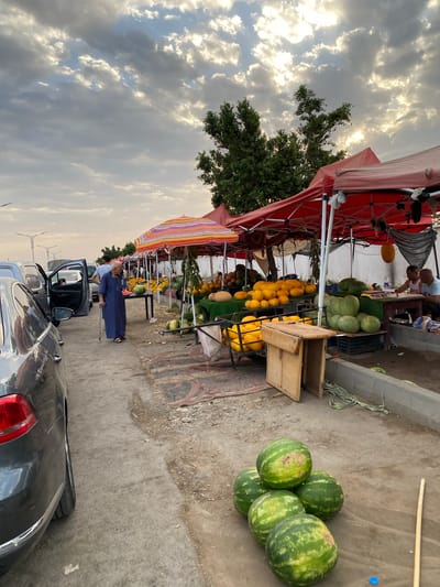 This image depicts an outdoor market scene, likely in Bougara, Algeria, given the provided context. The time of day appears to be late afternoon or early evening, with dramatic clouds backlit by the setting sun.
In the foreground, a dark-colored sedan is parked on the left side of a dirt and gravel road. Further down the road, an elderly man wearing a blue robe and walking with a cane is observed moving away from the camera. He is positioned between the parked cars and a series of market stalls.
The market stalls are covered by red awnings, with one stall featuring a colorful striped umbrella. These stalls display a large quantity of fruits, primarily watermelons and what appear to be melons or squashes. The produce is arranged on tables, in crates, and on the ground. Some of the fruits are stacked high, and in the lower right corner, a pile of five watermelons is visible on the ground.
Two men are seated at a stall further back, appearing to be vendors. One man is looking towards the camera, while the other is looking down. Several vehicles are present in the background, suggesting this is a roadside market. The environment is dusty and somewhat unkempt, typical of many open-air markets. The overall atmosphere is one of a busy marketplace transitioning towards closing.