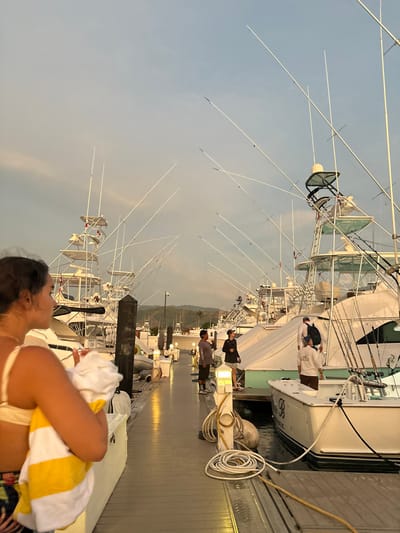The image captures a marina scene in Playa Herradura, Costa Rica, located at latitude 9.651 and longitude -84.665. The marina is filled with numerous white sport fishing boats, each equipped with tall, white fishing rods. The boats are docked side by side, their hulls partially submerged in the calm, clear water. In the foreground, a woman with long, dark hair is holding a white towel while standing on a wooden dock. Behind her, three men are walking on the dock, two are wearing light-colored shirts and one is wearing a dark shirt. The sky is a clear, pale blue with a slight orange hue, indicating sunset. The overall scene is peaceful and serene, highlighting the recreational activities of the marina.