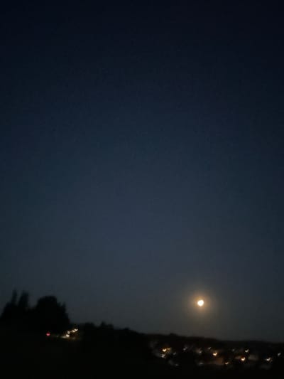 The image depicts a dusky sky with a full moon glowing in the lower right quadrant. Below the moon, a silhouetted landscape suggests a town or city with scattered lights. To the left, dark shapes of trees are visible. The overall scene conveys a tranquil nighttime atmosphere. The location is identified as St. Peter, Germany.