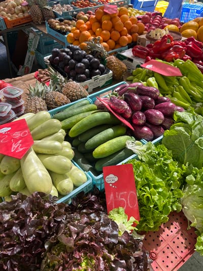 This image captures a vibrant outdoor market stall, likely in Port de Pollença, Spain, filled with a colorful array of fresh produce. The scene is dominated by a close-up view of several plastic crates overflowing with various vegetables. In the foreground, a large pile of deep red lettuce forms a textured base. To its right, several heads of bright green lettuce are visible, some partially obscured by a red tag with the handwritten text "PRODUCTE LOCAL 1,50". Behind the lettuce, a blue crate is filled with numerous light green zucchini, and another crate next to it holds an assortment of cucumbers. Further back, a collection of purple eggplants with white stripes is piled high. The background reveals more produce, including pineapples, plums, and what appear to be peppers and onions, suggesting a bountiful harvest. The lighting indicates it is daytime, with strong sunlight casting shadows. The overall impression is one of abundance and freshness at a local market.