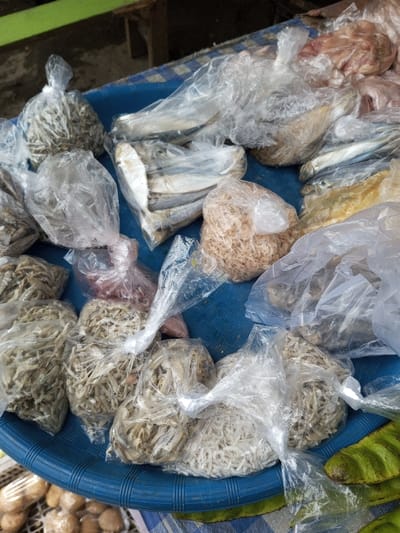 The image displays a close-up, overhead view of multiple food items packaged in clear plastic bags, resting on a blue, ribbed plastic tray within a market in Taohom, Laos. The bags contain various dried seafood products; specifically, numerous bags hold small, light-colored dried fish, some containing larger, whole dried fish. One bag contains small, reddish-orange dried shrimp. Other bags contain unidentified reddish and yellowish substances. The blue tray is positioned on a surface covered by a blue and white patterned fabric. In the lower left foreground, blurred brown root vegetables are partially visible in a clear bag or basket. To the lower right, several green, ribbed pods are partially visible. The background is blurred, showing dark and green indistinct structures. No individuals are present in the scene.