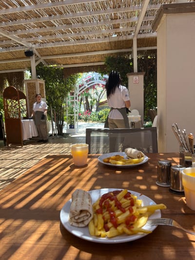 The image captures an outdoor dining scene at a restaurant or cafe in Selçuk, Turkey. The view is from a diner's table, looking out onto a garden area.
In the foreground, a wooden table is set with food and drink. A white plate holds a generous portion of golden-brown french fries, drizzled with red ketchup. Another white plate nearby features a rolled-up wrap (possibly a kebab or similar item) alongside more fries. A clear glass, partially filled with an orange beverage (likely juice), and a set of salt and pepper shakers are also on the table. Cutlery is visible in a holder. Distinct parallel shadows from the overhead canopy are cast across the table, indicating bright sunshine.
The dining area is covered by a canopy constructed with a light-colored framework and a woven bamboo or reed ceiling, providing shade. In the mid-ground, a person with long dark hair is seated at or near an adjacent table, partially obscured. Further back, a staff member is visible, pushing a small cart. This person wears a white polo shirt with a blue logo (partially visible, resembling "AQUA") and light-colored trousers, and appears to be smiling.
The background reveals a lush garden environment with various green plants, trees, and flowering bushes. Decorative white arched trellis structures add to the scenic setting. A "No Smoking" sign (red circle with a diagonal line through a cigarette icon) is visible on a white pillar in the background. The overall impression is one of a relaxing daytime meal in a pleasant, sunny outdoor setting.