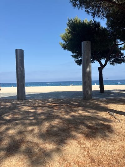 This image captures a view of the beach in Castell d'Aro, Platja d'Aro i s'Agaró, Spain. The foreground is a sandy area covered with pine needles, with dappled sunlight creating shadows on the ground. Two large, cylindrical metal pillars are visible in the midground, one on the left and one on the right, both with a pattern of what appear to be paw prints and circular perforations. Behind the pillars is a paved walkway, and beyond that, a sandy beach stretches towards the blue ocean. Several people are scattered on the beach and in the shallow water. The sky is clear and blue, and a large tree with dark green foliage is positioned in the upper right quadrant of the image, casting further shadows.