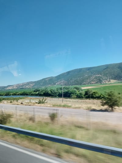 The image captures a scenic landscape under a clear blue sky. In the foreground, a metal railing runs horizontally across the bottom of the frame, suggesting the photo was taken from a moving vehicle. Beyond the railing, a blurred stretch of road is visible, lined with dry grass and sparse vegetation.

The middle ground features a body of water, likely a river or lake, bordered by lush green trees. A few white structures, possibly beehives, are arranged along the edge of the water. Further back, rolling hills covered in dense green foliage rise majestically. The terrain is varied, with some areas appearing cultivated with lighter green patches. The background is dominated by a large, verdant mountain range that stretches across the horizon. Reflections are visible on the surface of the water and on what appears to be a window.

While the image depicts a natural landscape, there is no indication that the scene is located in the city of Piniada, Greece, as the provided text suggests. The geographical features are not specific enough to pinpoint a precise location.