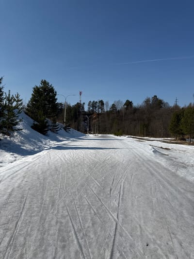 The scene depicts an outdoor winter or early spring landscape in Oleshkovo, Russia, under a clear, bright blue sky with a single faint contrail visible in the upper right. A wide, packed snow and ice path, marked with numerous linear impressions consistent with recreational tracks, dominates the foreground and extends into the background. To the left, a snow-covered embankment rises, featuring several coniferous trees of varying heights, casting distinct shadows across the path. Multiple streetlights with curved arms line the left side of the path. In the midground, a red and white lattice communication tower is visible among the trees on a slightly elevated area. The right side of the path displays patches of melting snow, revealing underlying dry vegetation and earth, bordered by a forest of primarily bare deciduous trees interspersed with evergreens. A utility pole with crossarms is also visible within the treeline on the right. No human figures or active events are depicted.