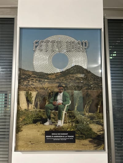 A framed photographic award or poster is displayed vertically on a light-colored wall in Gennevilliers, France. The frame is silver-colored and rectangular. The image within depicts a composite scene: In the upper section, large, stylized silver text reads "FETTY WAP" above a prominent silver disc encrusted with numerous reflective elements, set against a light blue sky. Below this, a rugged, arid mountainous landscape with sparse vegetation and scattered small structures forms the middle ground. The foreground features a man seated in a white plastic chair, positioned slightly off-center to the right. He wears dark sunglasses, a dark green tracksuit over a white t-shirt, and white sneakers. His hands are clasped. Surrounding him and extending into the immediate background are multiple bundles of dried plant material, resembling harvested cannabis or hemp, some arranged upright against a low wall, others lying on the dry, dusty ground. A black rectangular overlay at the bottom contains white French text: "SINGLE DE DIAMANT / REMIS À HARRISON & LA TRIADE / POUR PLUS DE 50.000.000 DE STREAMS ÉQUIVALENT VENTES / CERTIFIÉ SNEP / JUILLET 2023." To the left and right of the framed image, partially visible through reflections in the glass, are vertical window blinds with horizontal slats.