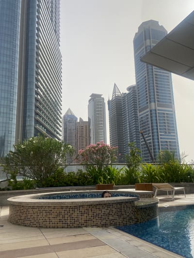 The photograph, taken in a vertical orientation, depicts a cityscape in Business Bay, United Arab Emirates, viewed from a high angle, likely a balcony or rooftop. The sky is overcast.

Dominating the image are multiple skyscrapers with glass facades, displaying a mix of horizontal and vertical architectural lines. The buildings are varying in height, shape, and style.

A section of a pool area is visible on the right side of the frame. The pool is tiled with small blue and mosaic tiles. A seating area with a chair is positioned near the pool. Lush greenery, including trees with pink and white flowers, is present, framing the pool area and providing a visual contrast to the urban landscape.

A human face is partially visible, emerging from the tiled pool area.

The composition gives a sense of urban living intertwined with leisure, showcasing the modern architecture against a backdrop of greenery and pool amenities.