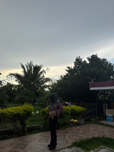 The image depicts an outdoor scene, likely in a park or recreational area, with a woman in the foreground. The woman, wearing a hijab and dark pants, stands facing away from the camera, looking towards a fenced-in grassy area. She has a light-colored bag slung across her shoulder. In the background, within the fenced area, two white birds, possibly geese or ducks, are visible. The environment includes lush green bushes and trees, including a prominent palm tree. The ground in the foreground is paved with patterned tiles. Overhead, the sky is overcast with some lighter patches suggesting the presence of the sun behind the clouds. A maroon and white structure, possibly a covered area or a kiosk, is visible on the right side of the image. The overall lighting suggests it is either early morning or late afternoon. The location is identified as Lampeuneurutblang, Indonesia.